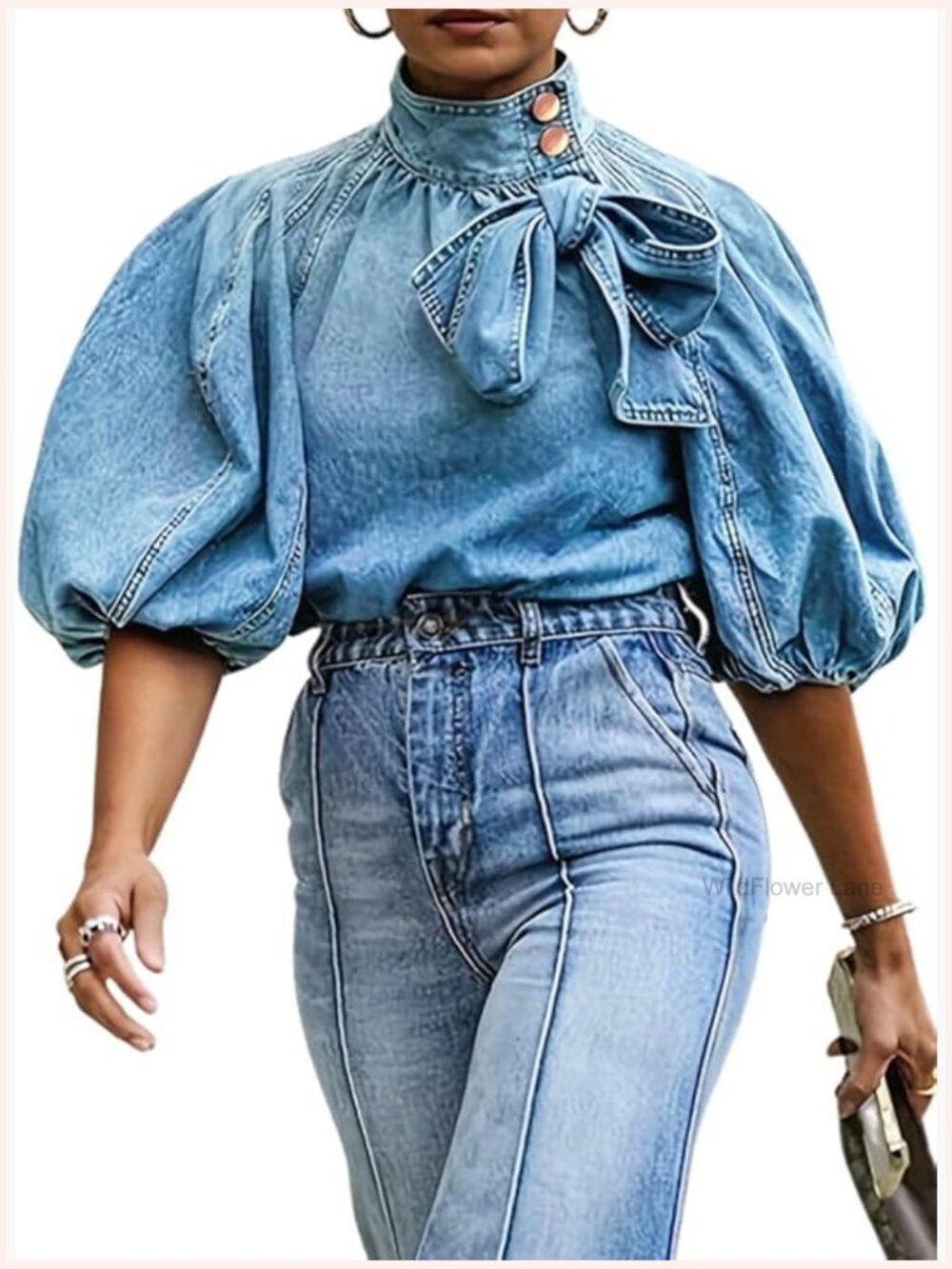 Mock Neck Denim Button Down Shirt Puff Sleeve Bow Tie Blouse Crop Top